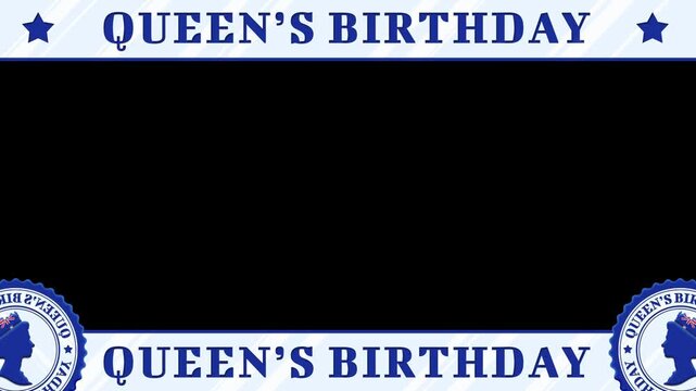 Queen's Birthday frame design features a professional blue and white border with official silhouette emblems and star accents, providing a clean central area for personal messaging or announcements.