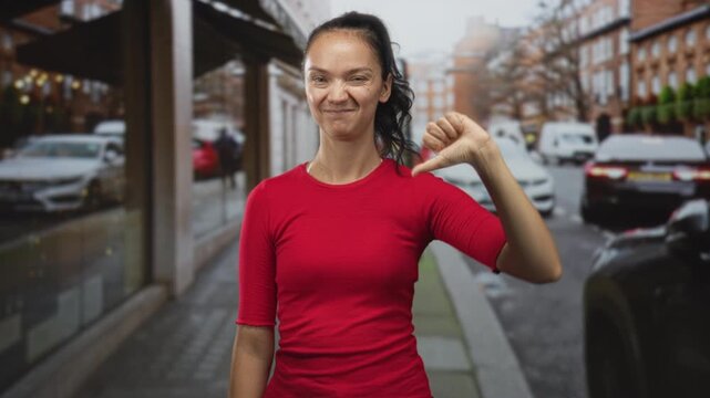 Young hispanic woman in red shirt shows thumbs down gesture on city sidewalk and glances at camera with squinted face; disapproval rejection.