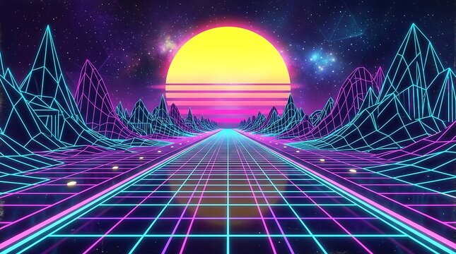 Retro synthwave landscape neon highway to a vibrant sunset