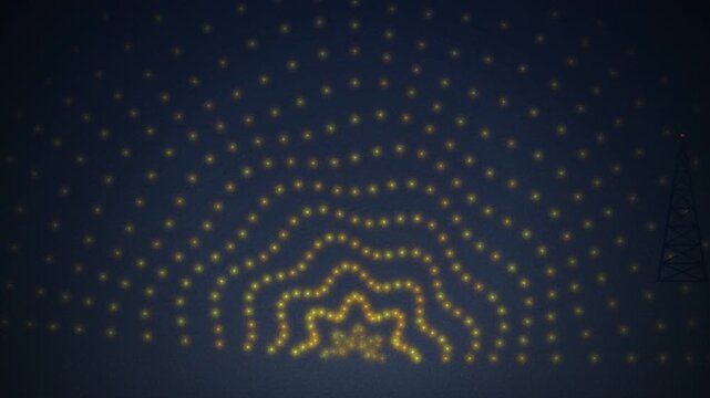 Analogue Radio Waves: An elegant 3D visualization of golden electromagnetic particles emanating from a 1920s radio mast into a stormy film-grain sky