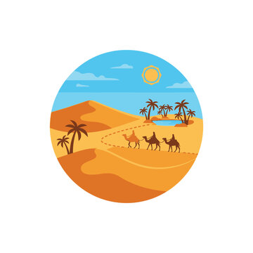 Camels walking in desert sand dunes.