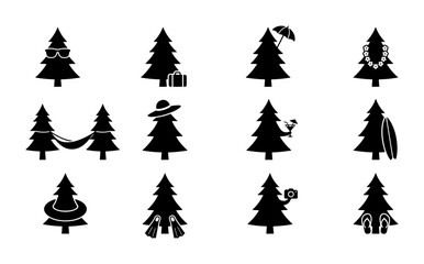 Obraz premium Christmas Tree Icons Set, Festive Holiday Vector Graphics, Winter Vacation Symbols, Seasonal Celebration Elements, Black and White Silhouettes