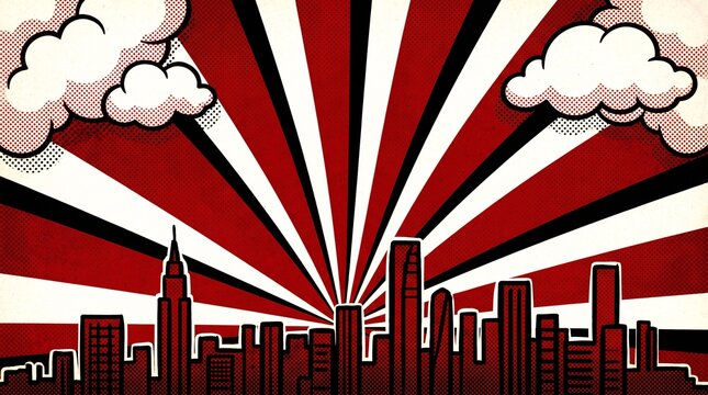 Bold red and white anime-style skyline featuring dramatic radial burst rays, comic clouds, and modern city buildings. Excellent for manga, gaming, branding, and advertising materials.