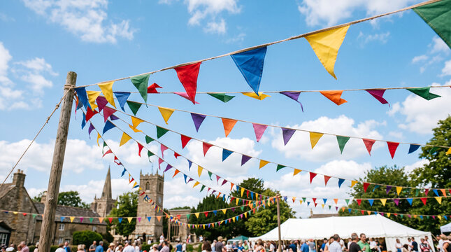 Colorful Bunting Flags Fluttering Against a Bright Blue Sky for Festival Celebration Background
