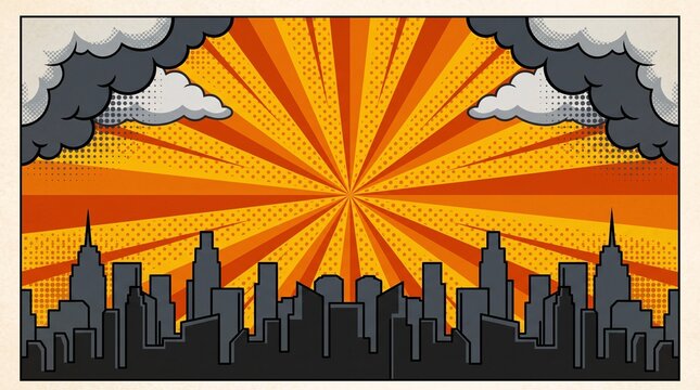 Anime-style orange skyline with vintage comic sunburst rays and detailed urban buildings. Perfect for manga covers, game scenes, social media graphics, and creative designs.