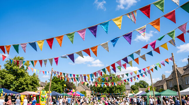 Vibrant Party Bunting Hanging Under Clear Blue Sky for Festive Events and Outdoor Decorations