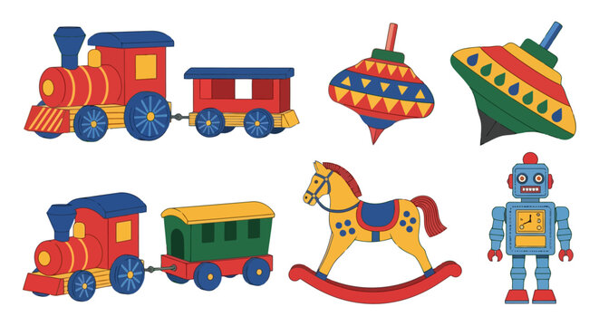 Set of vintage colorful children toys including trains, tops and robot