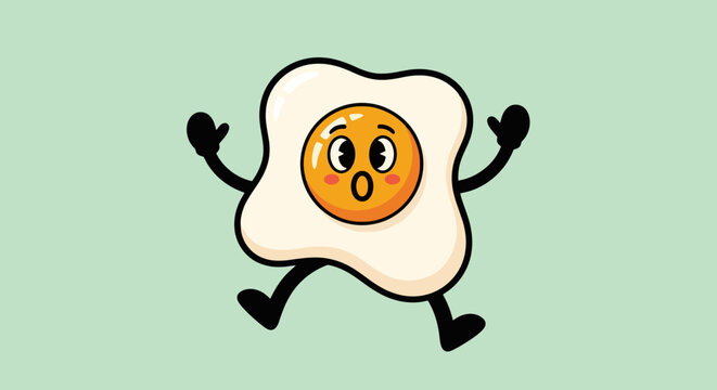 Cute cartoon fried egg character mascot with a surprised face jumping on a green background.