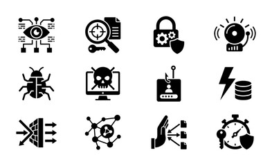 Fototapeta premium Cybersecurity Icons Set: Digital Security, Data Protection, Network Threats, and Antivirus Solutions, Vector Graphics