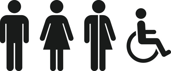 Gender Neutral and Accessible Restroom Pictogram Sign Set with Male Female All Gender and Wheelchair Disability Silhouette Icons for Public Navigation © Md Shujan islam