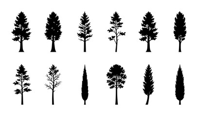Diverse Pine Tree Silhouettes Collection, Evergreen Forest Icons, Coniferous Woodland Vector Graphics, Nature Landscape Elements © Orbind