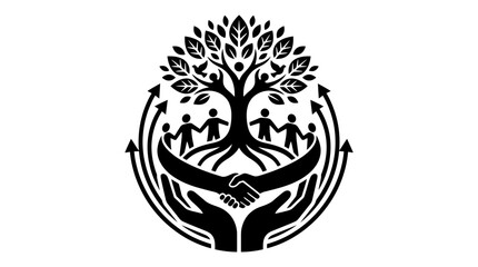Obraz premium Tree of life with people, hands shaking, unity and growth