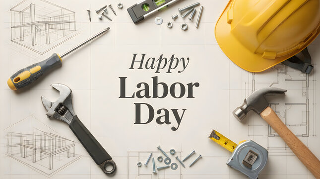 Happy labor day construction tools blueprints and safety gear celebrating american workers