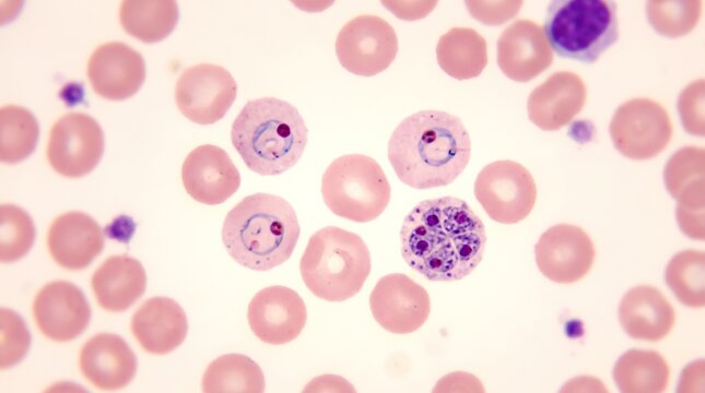 Microscopic view of plasmodium vivax parasites in human red blood cells
