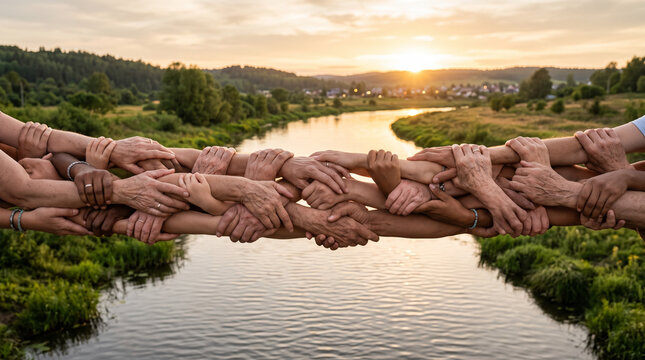 Human hands bridge unity river