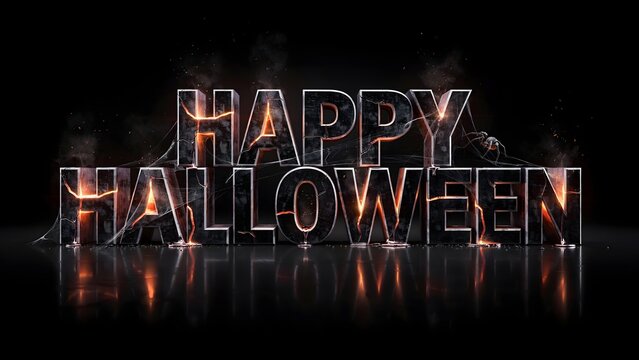 Eerie 'happy halloween' typography dark glowing letters with spiderweb spooky holiday design