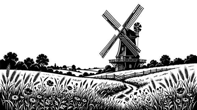 An old windmill stands tall amidst a serene rural landscape with rolling hills and a field of wildflowers under a clear sky.