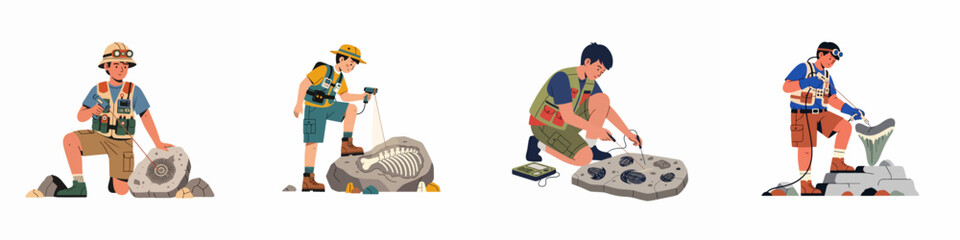 Set of illustrations depicting male paleontologists and archaeologists excavating various ancient fossils including dinosaur bones and trilobites using modern tools. © Muqodimatul