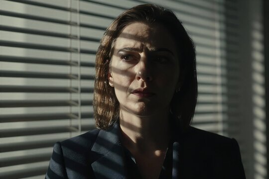 Woman As Main Subject Positioned In Front Of Horizontal Blinds Partially Closed Allowing Sunlight To Filter Create Patterns On Face