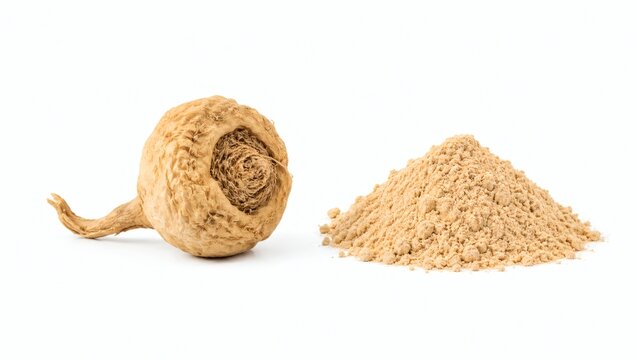 Maca Root Raw Versus Powder Comparison 16:9 Landscape White Background Studio Health Food Photography