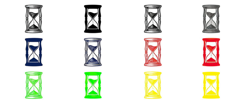 Multiple colorful hourglasses in different colors and styles