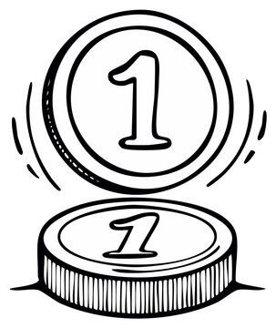 Hand drawn outline illustration of two number one coins representing financial value and success concept