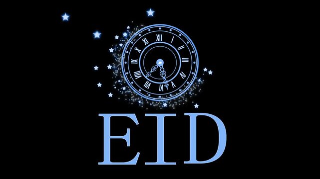 Eid clock logo animation, Clock face with roman numerals and decorative hands above large gold letters EID