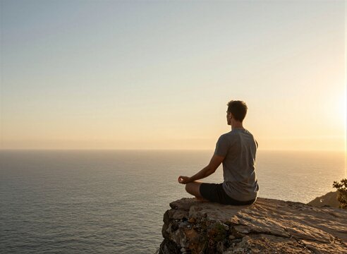 Captures Man Seated In Meditative Pose On Edge Of Cliff Overlooking Expansive Body Water To Sunrise Sunset Given Warm Golden Hues Sky