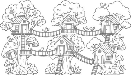 Naklejka premium Enchanting treehouse coloring vector page simple minimal drawing for kids adults relaxation