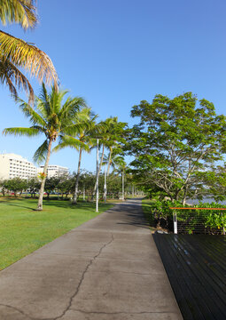 Cairns Foreshore Esplande walkway - Cairns QLD Australia. Popular tourist destination in far north Queensland, access point to the great barrier reef