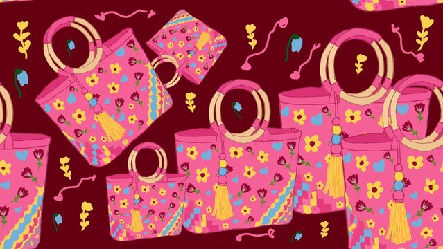 Seamless pattern of colorful floral tote bags on a maroon background. Ideal for textile printing, gift wrapping paper, stationery, and creative branding projects.