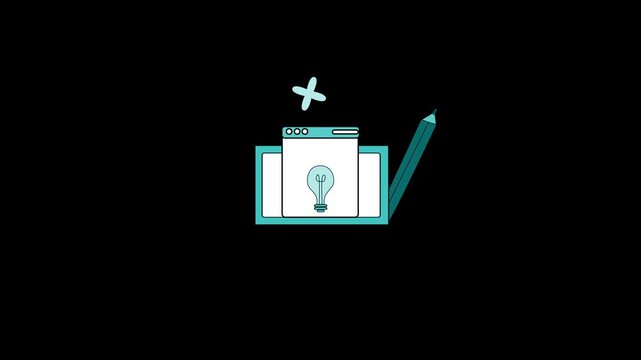 Lightbulb idea in browser with pencil animation, Simple flat animated showing a browser window with a lightbulb inside