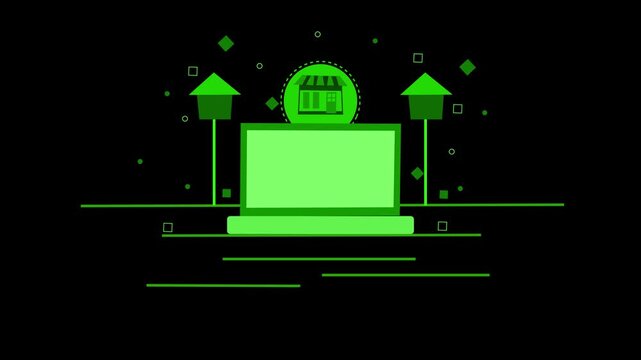 Online storefront laptop isolated animation, Flat modern animation of a laptop with a small storefront icon above it