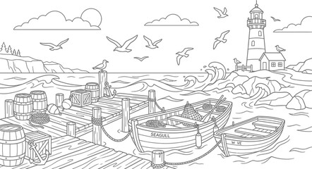 Fototapeta premium Coastal harbor coloring vector page simple clean minimal drawing for kids and adults relaxation