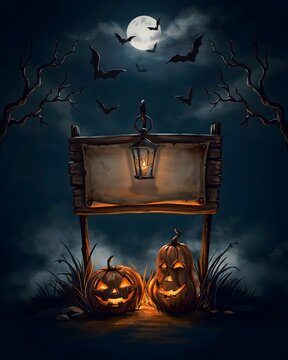 Spooky halloween night scene with jack o' lanterns bats and a full moon perfect for seasonal decorations