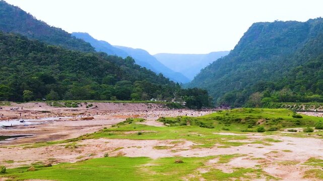 Lush Green Valleys At Bichanakandi In Sylhet Near Bangladesh - India Border With Meghalaya Hill In The Background. Panning Shot