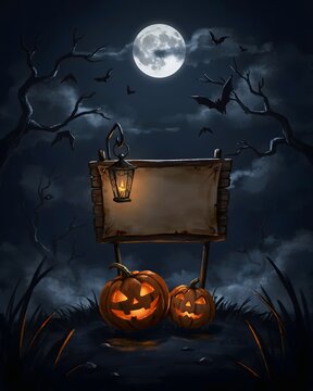 Spooky halloween night scene with jack o' lanterns and blank signpost for festive decorations and seasonal events