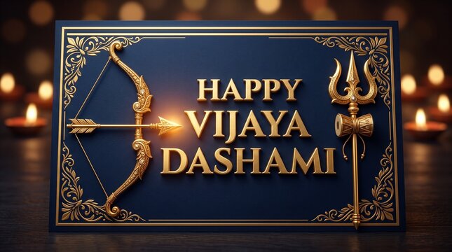 Golden bow and trishula decoration on blue texture for Vijaya Dashami festival greeting card design and religious hindu culture banner