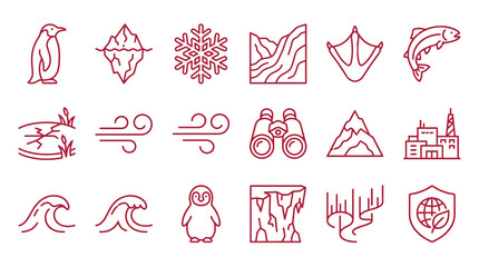 Collection of thin line icons representing arctic and antarctic themes, including animals, weather, and natural phenomena. © xavier