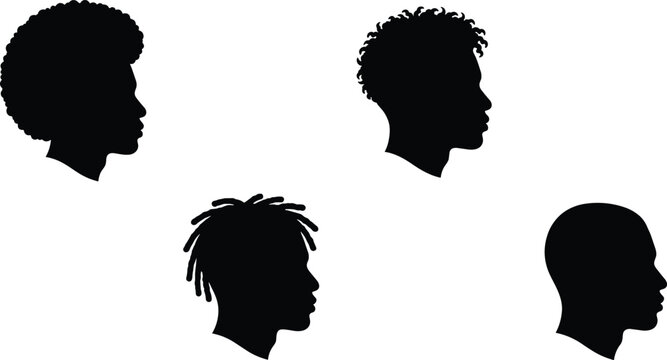 Black Men Hairstyle Silhouette Profile Icon Set with Afro Dreadlocks Curly and Shaved Head Vectors for Barber Shop Branding and Identity Designs