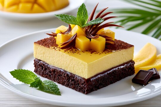 Mango chocolate brownie dessert with fresh mint