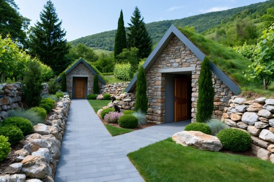 Vineyard wine cellar buildings with green roofs