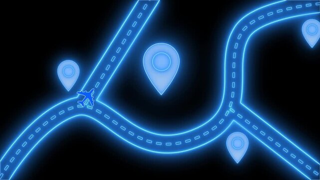 Neon map with glowing location pins animation on black background