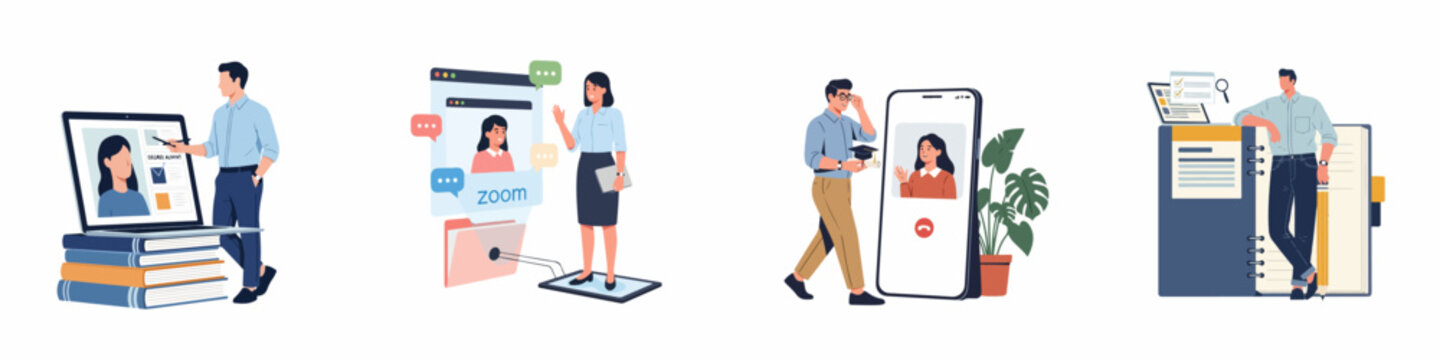 Set of flat vector illustrations depicting people engaged in online education, virtual learning, video conferencing, and digital study using laptops and mobile devices.