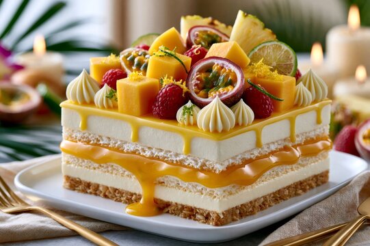 Tropical layered cake with mango and passion fruit