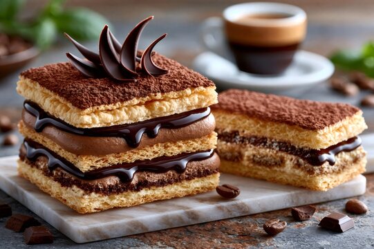 Tiramisu dessert with chocolate cream and coffee
