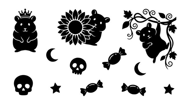 Cute hamster silhouettes with moon skull candy and sunflower elements for whimsical design
