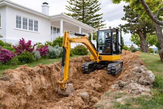 Mini excavator digging trench for residential landscaping