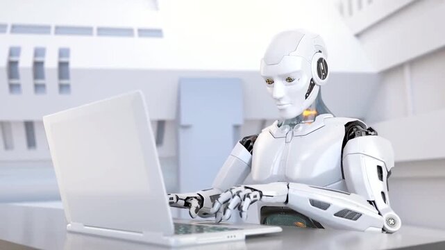 Futuristic humanoid robot typing on laptop in modern office. AI android assistant working with computer technology in bright workspace.