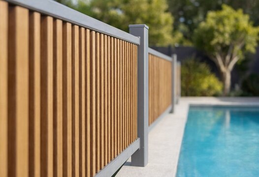 Modern wooden privacy fence surrounding a sparkling backyard swimming pool, showcasing luxury residential architecture, landscaped outdoor living, home improvement, summer relaxation, safety.